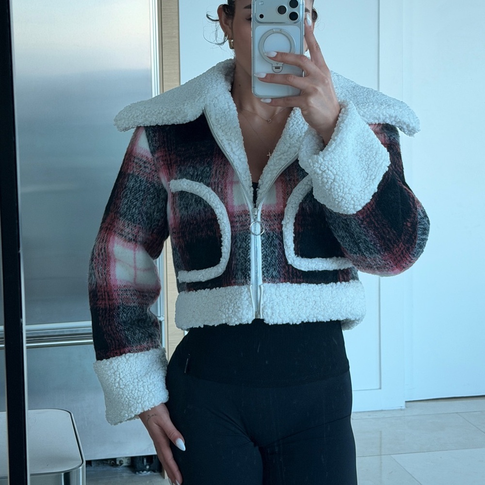 Lovers + Friends Plaid Teddy Jacket in Red and Cream